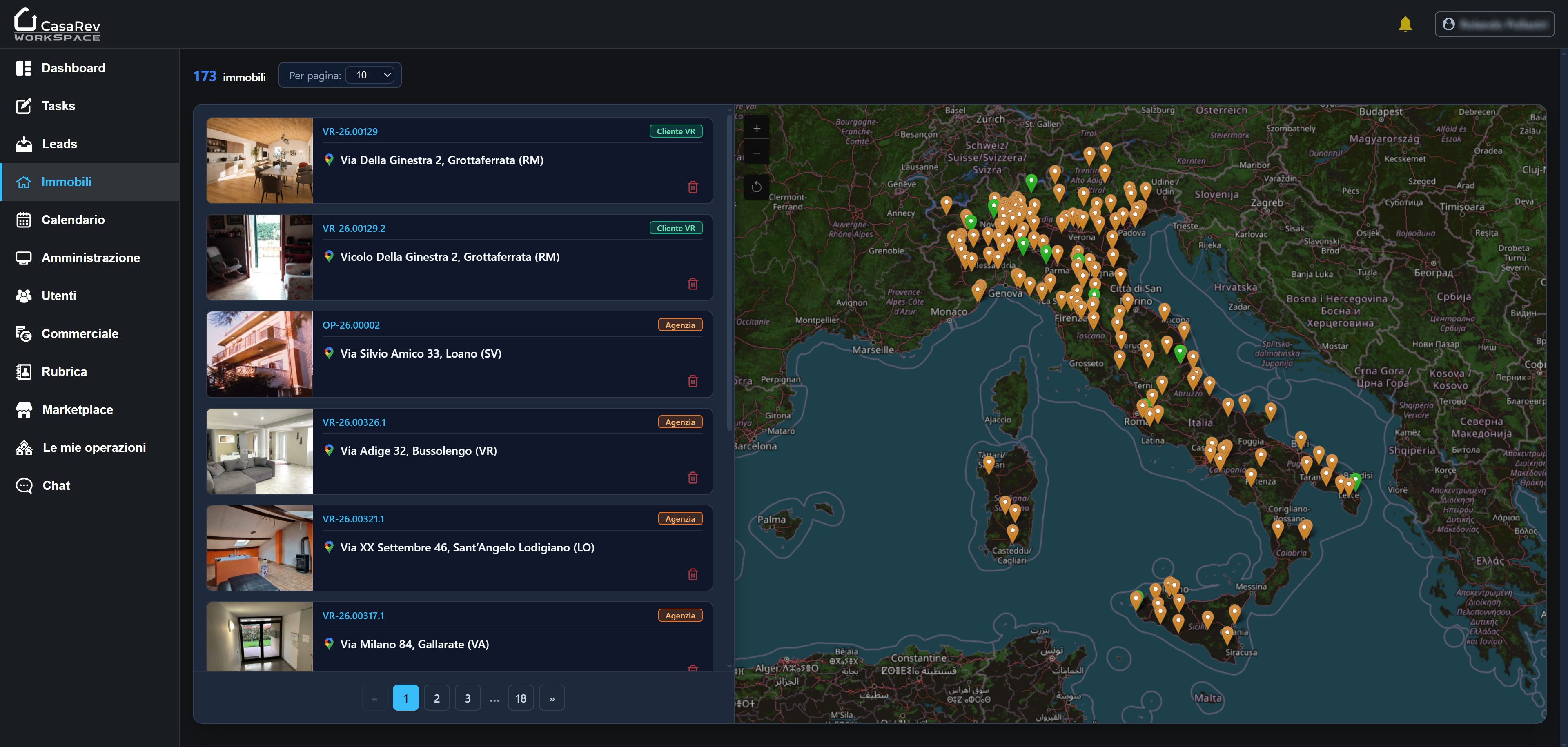 Schermata CasaRev WorkSpace con elenco immobili e mappa Italia